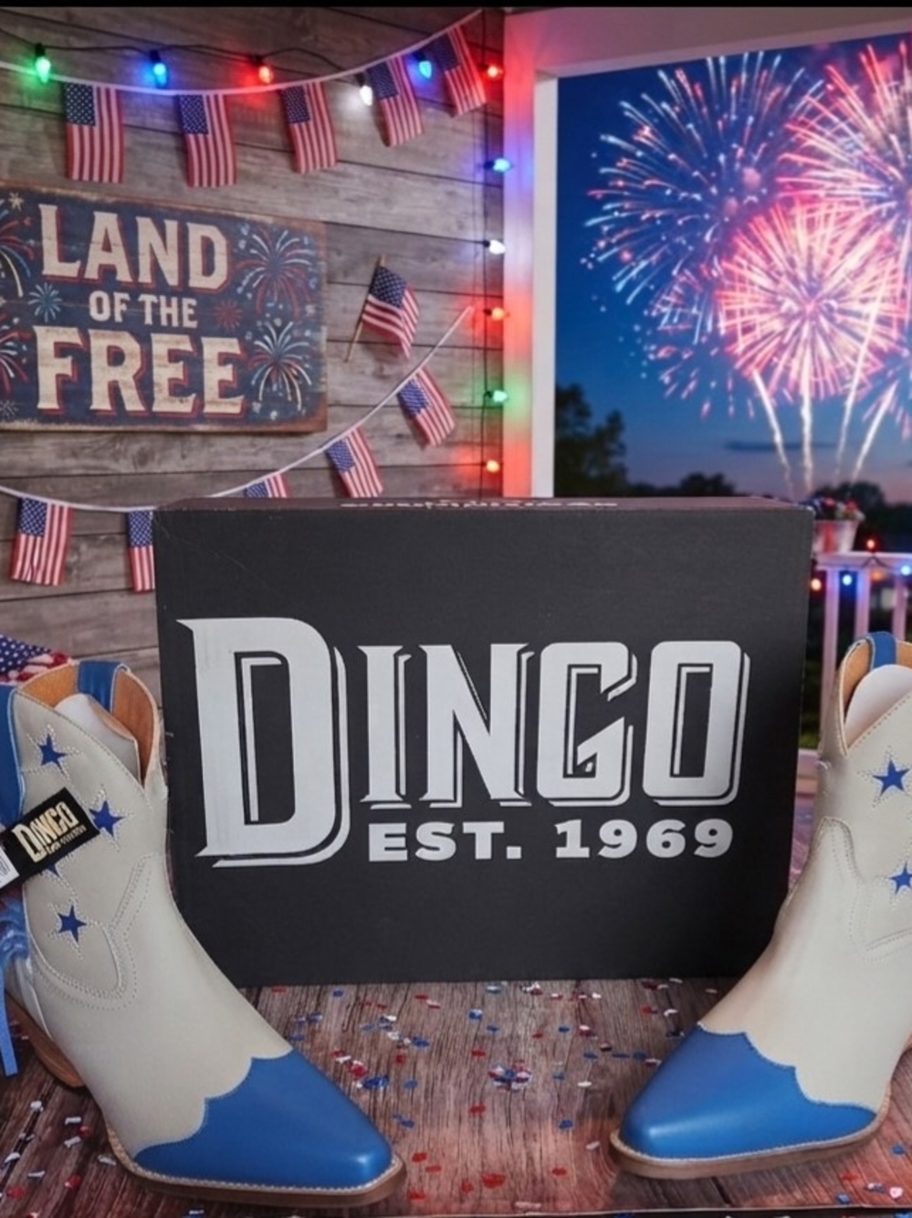 dingo White and Blue Star Western Ankle Boots